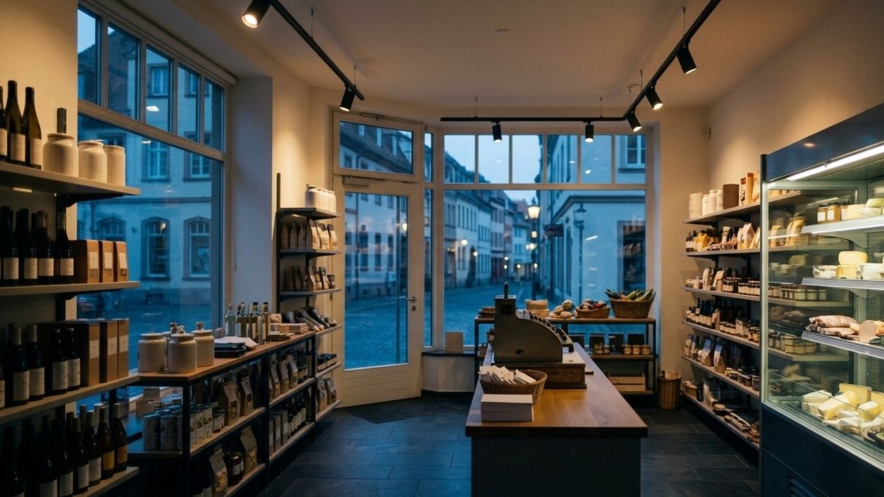 Ladengeschäft mit beleuchteten Regalen und Kühltheke