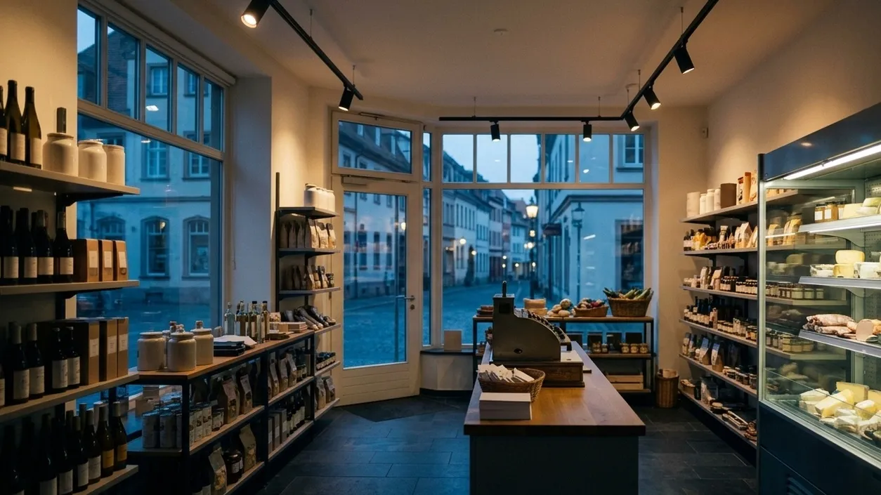 Ladengeschäft mit beleuchteten Regalen und Kühltheke