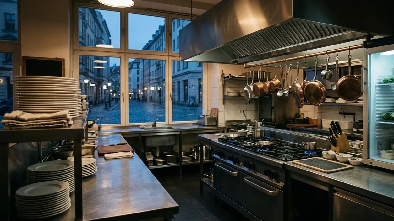 Gewerbliche Restaurantküche mit Gasherd, Abzugshaube und Kühlvitrine