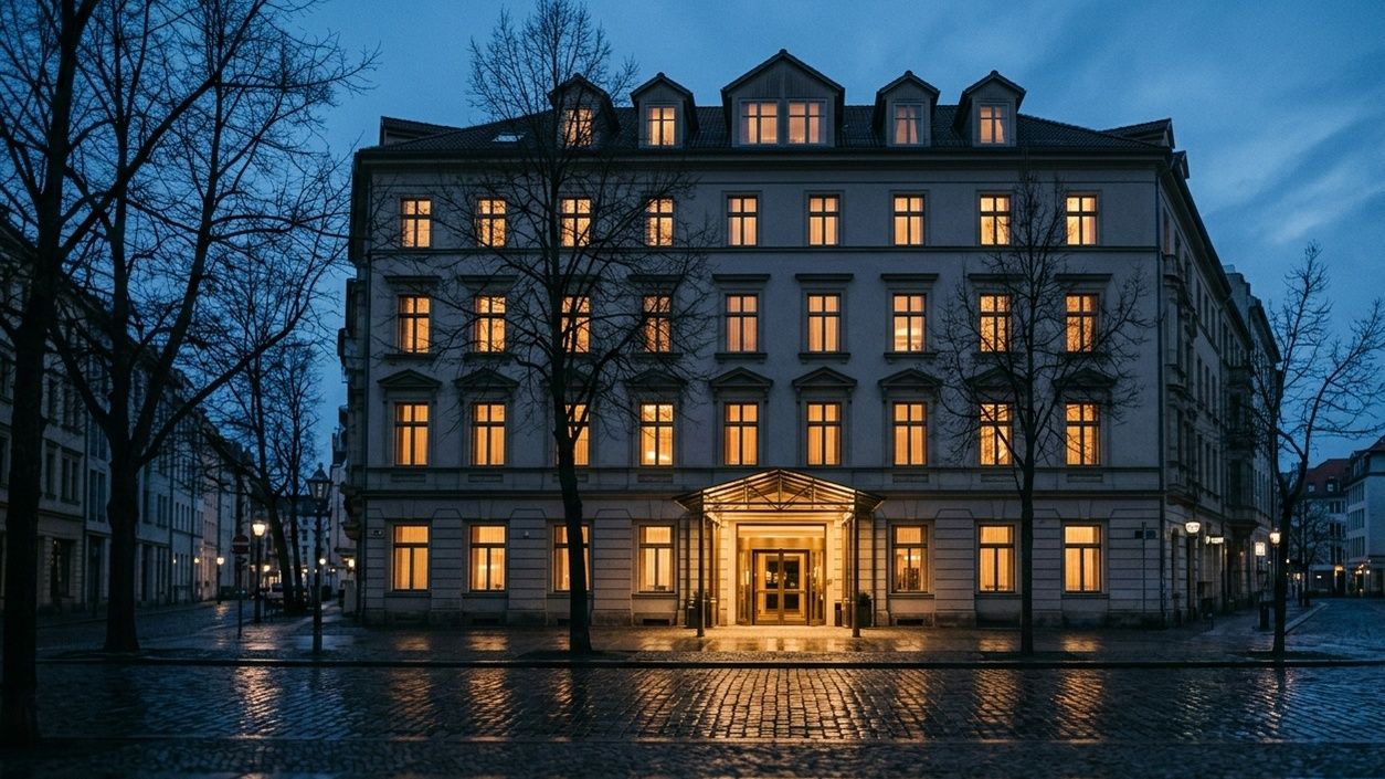 Beleuchtetes Hotelgebäude in der Abenddämmerung