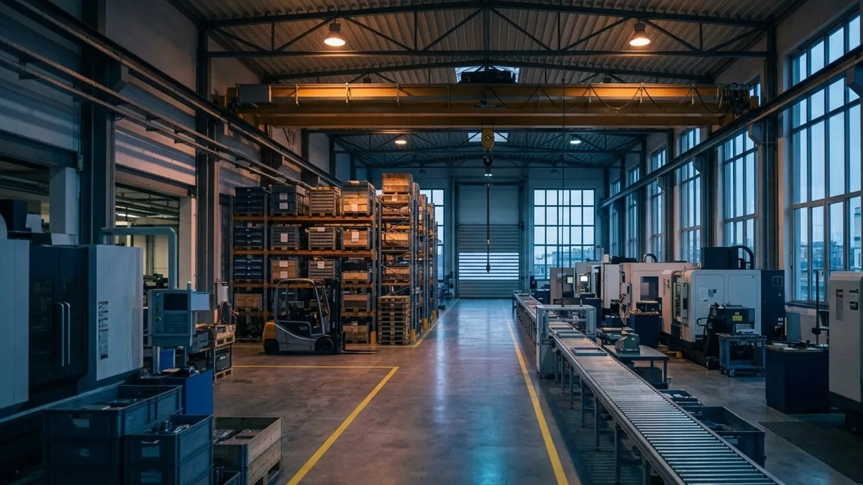 Produktionshalle mit Hallenkran, CNC-Maschinen und Hochregallager