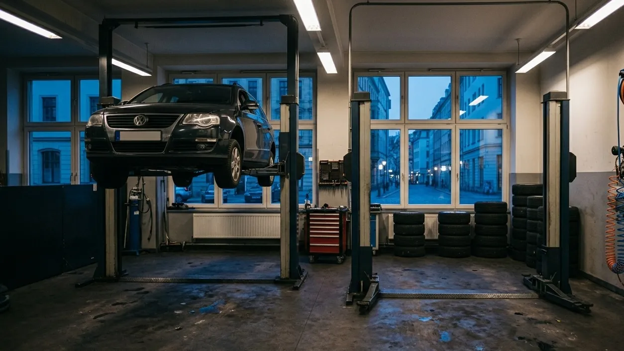 KFZ-Werkstatt mit Hebebühnen, Kompressor und Reifenlager