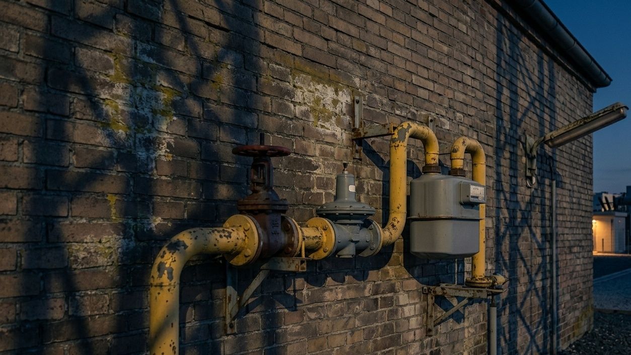 Gewerblicher Gasanschluss mit Gaszähler und Absperrventil an einer Backsteinwand
