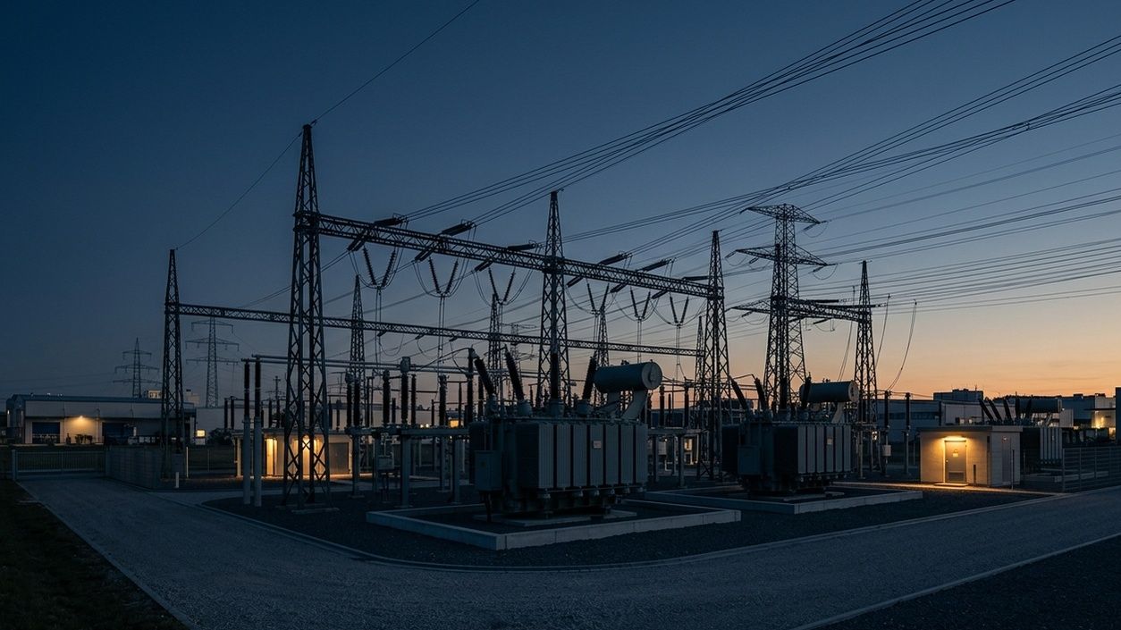 Umspannwerk mit Transformatoren und Hochspannungsmasten in der Dämmerung