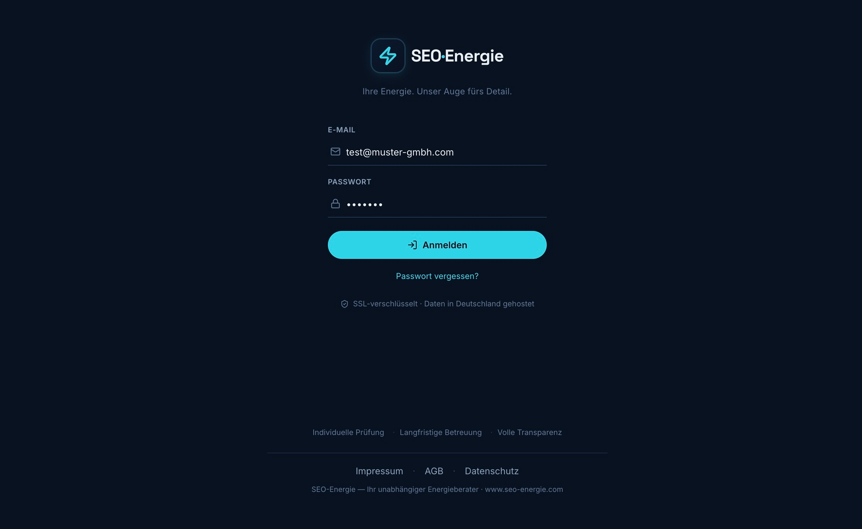 Login des SEO-Energie Kundenportals, SSL-verschlüsselt und in Deutschland gehostet