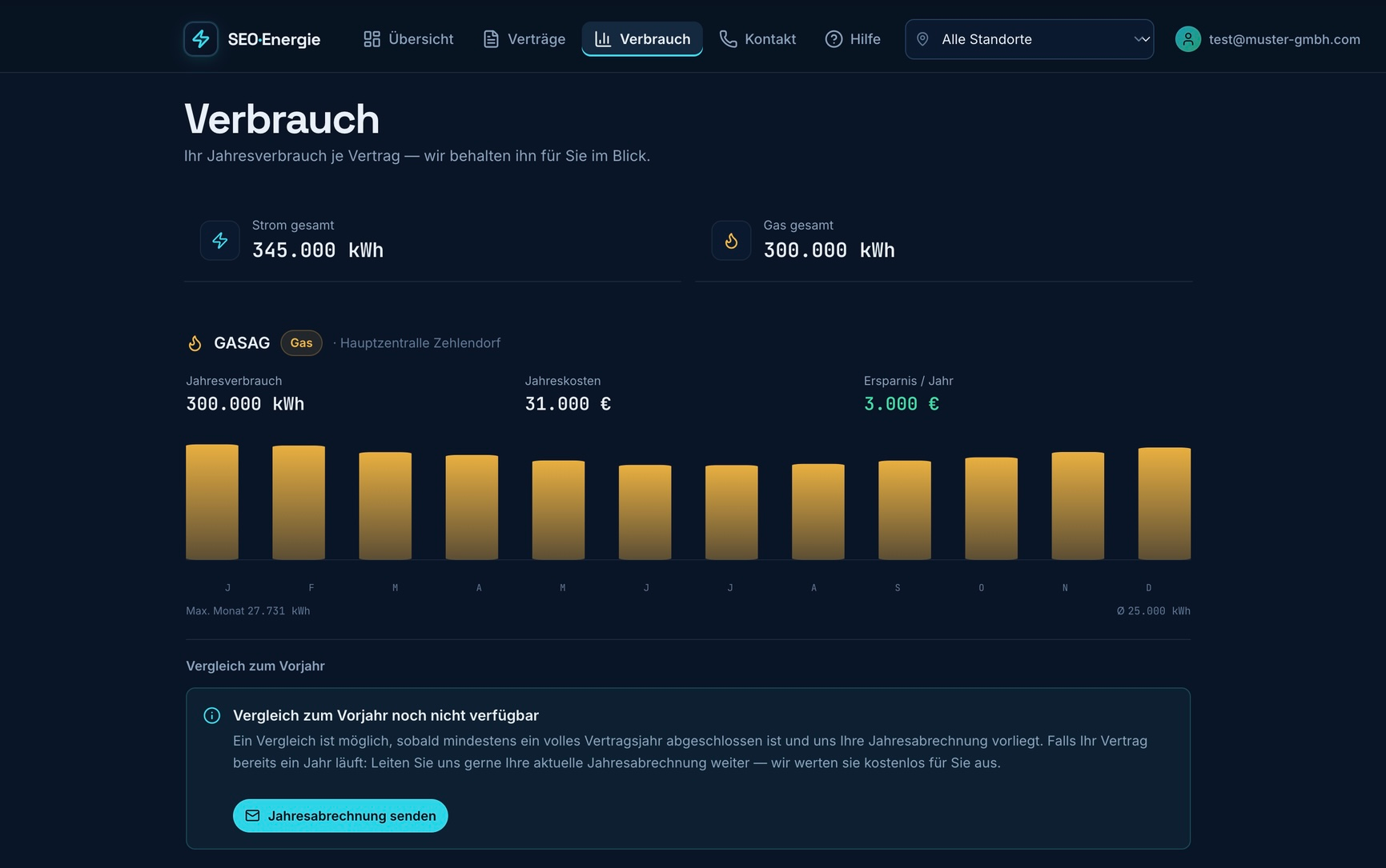 Verbrauchsansicht im SEO-Energie Kundenportal mit Jahresverbrauch für Strom und Gas