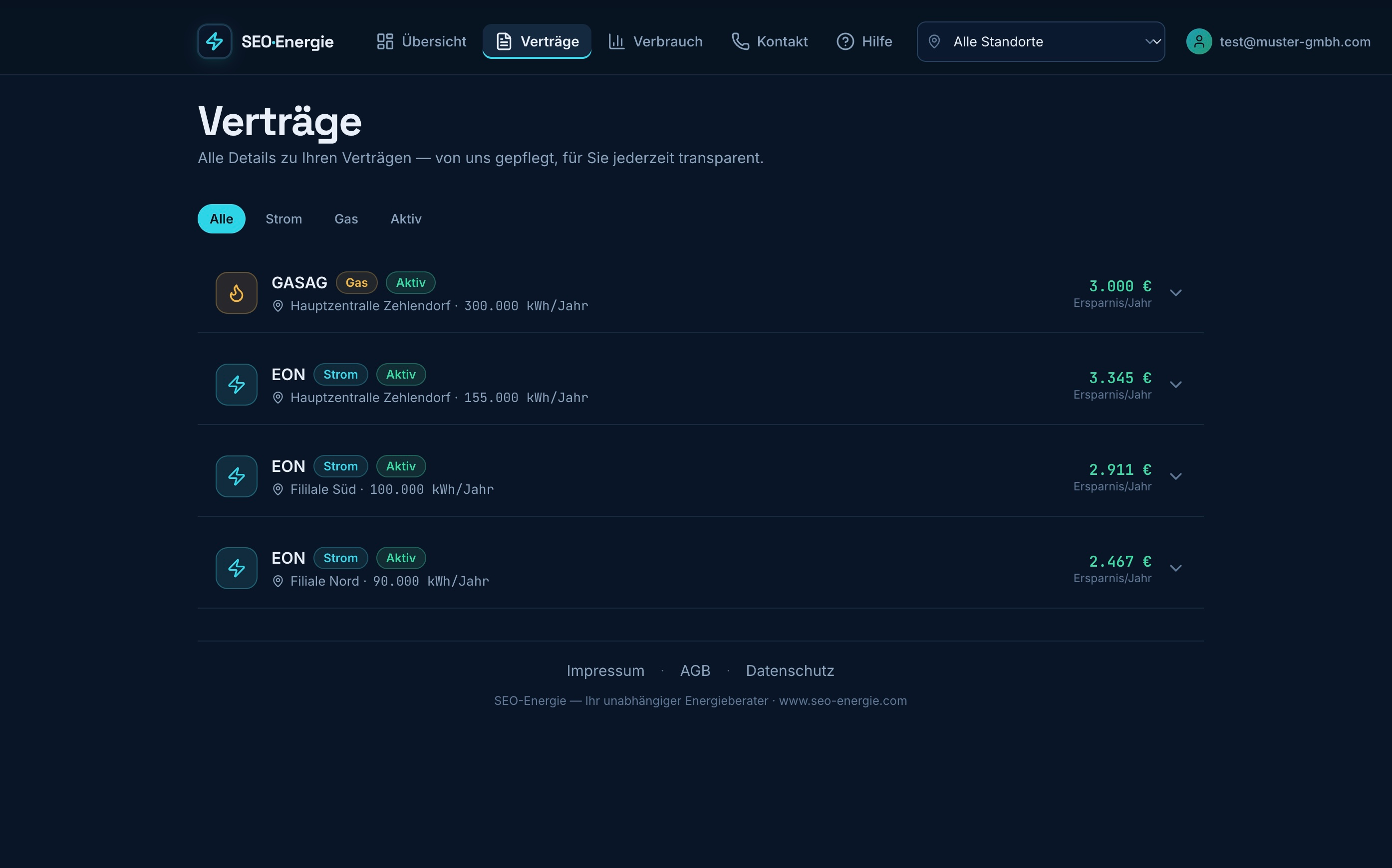 Vertragsübersicht im SEO-Energie Kundenportal mit mehreren Energieverträgen und Ersparnis je Vertrag