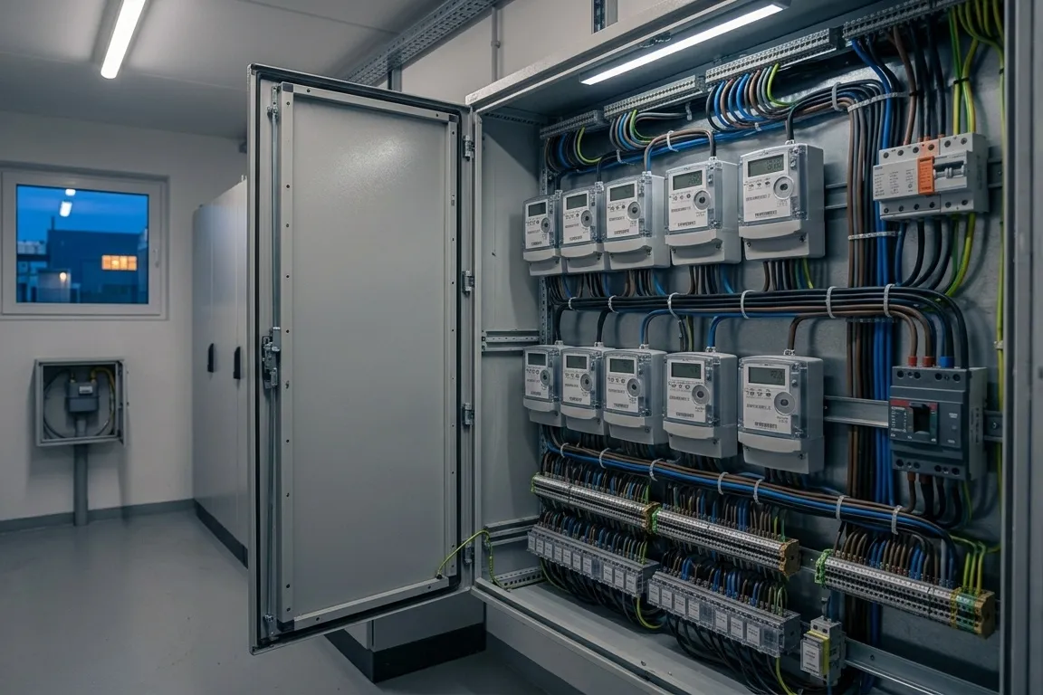 Geöffneter Zählerschrank mit mehreren digitalen Stromzählern